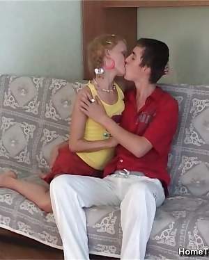 HomeTeenVids.com - Blonde teen cutie riding pole on couch